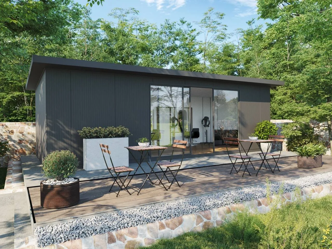 The Magna black modern garden room with outdoor seating area